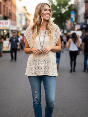 VINTAGE BOHO CROCHET OPEN-KNIT SWEATER SIZE SMALL HIPPIE CHICK FESTIVAL TOP CUTE